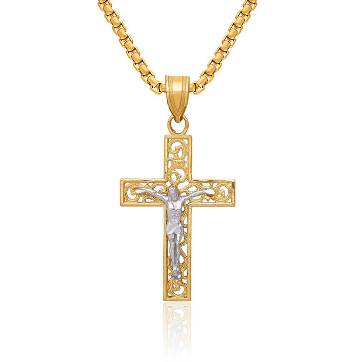 14K Solid Two Tone Gold Block Antique Filigree Lord Jesus Christ Crucifix Holy Cross Necklace Religious Chain Pendant Charm