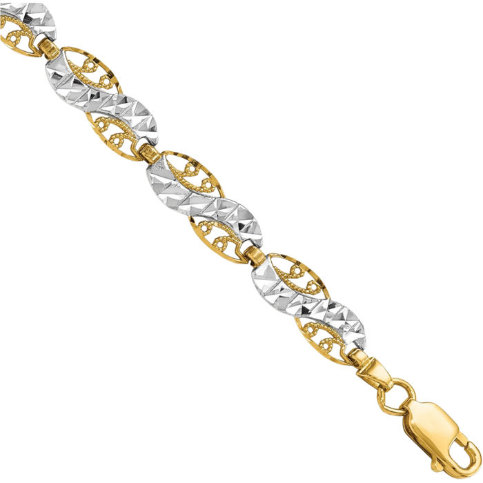 14K Solid Two Tone Yellow White Gold Antique Filigree Link Chain Bracelet