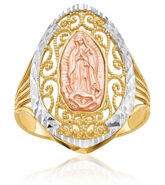 14K Solid Two Tone Gold White Antique Filigree Our Lady of Guadalupe Virgin Mary Virgencita Maria Rosa Catholic Christian Holy Mother Band