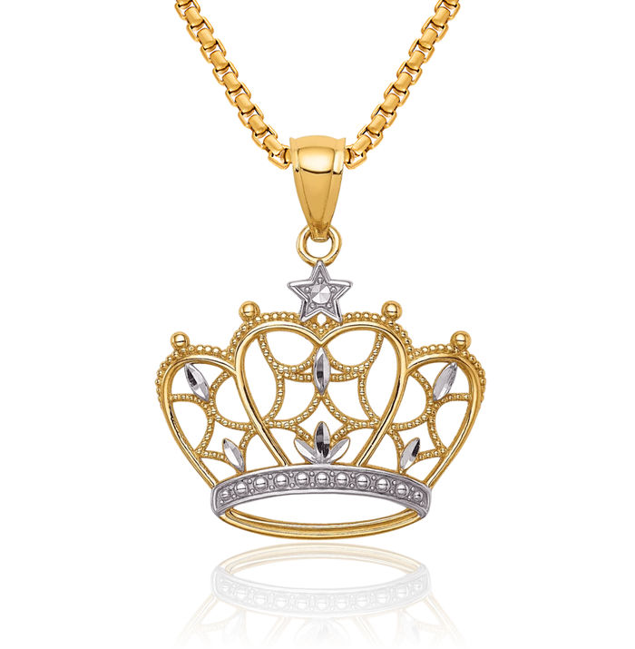 14K Solid Two Tone Yellow White Gold Antique Filigree Royal Princess Crown Necklace Chain Pendant Charm