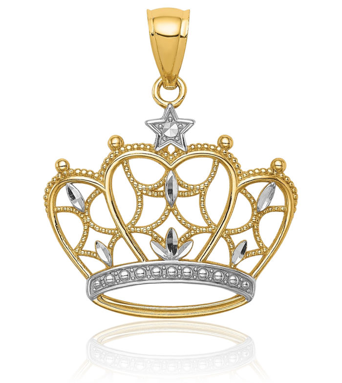 14K Solid Two Tone Yellow White Gold Antique Filigree Royal Princess Crown Necklace Chain Pendant Charm