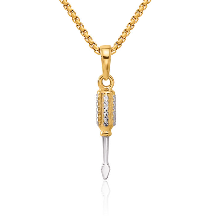 14K Solid Two Tone Yellow White Gold Flathead Screwdriver Necklace Mechanic Chain Pendant Charm