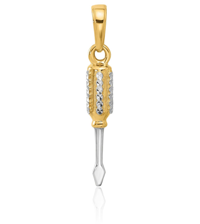 14K Solid Two Tone Yellow White Gold Flathead Screwdriver Necklace Mechanic Chain Pendant Charm