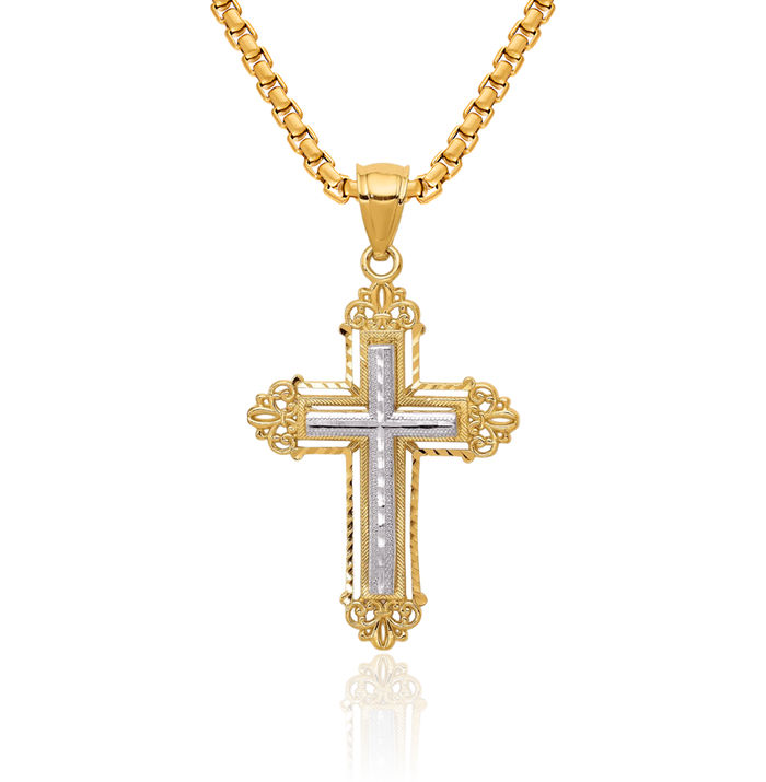 14K Solid Two Tone Gold French Fleur De Lis Lily Flower Holy Cross Necklace Religious Chain Pendant Jesus Christ Charm