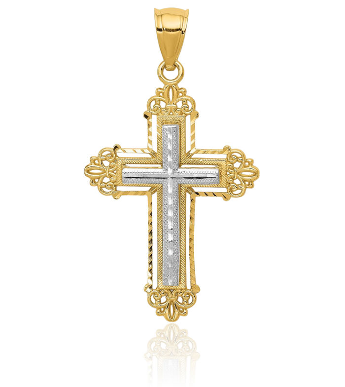 14K Solid Two Tone Gold French Fleur De Lis Lily Flower Holy Cross Necklace Religious Chain Pendant Jesus Christ Charm