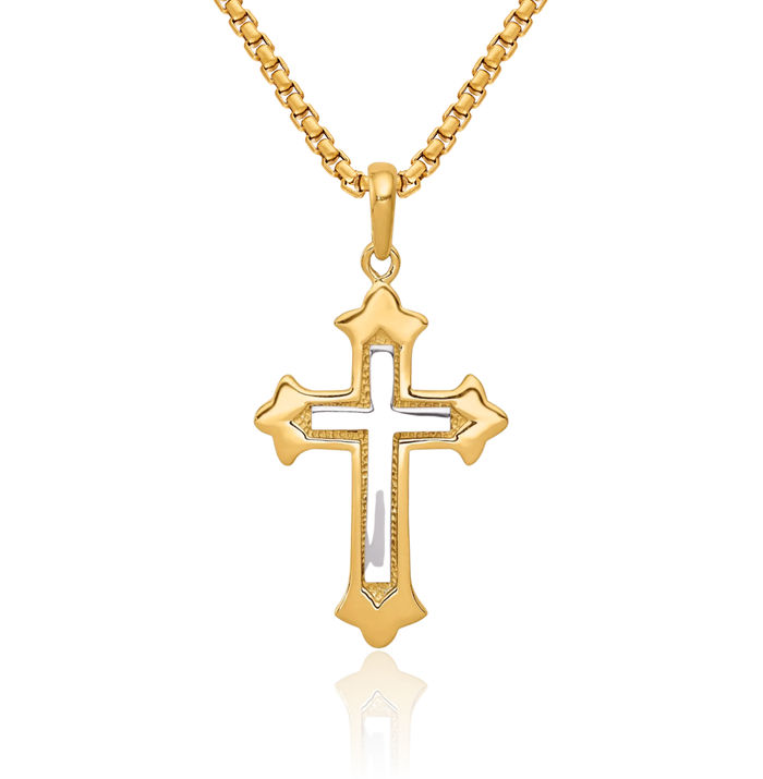 14K Solid Two Tone Gold French Fleur De Lis Lily Flower Holy Cross Necklace Religious Chain Pendant Jesus Christ Charm