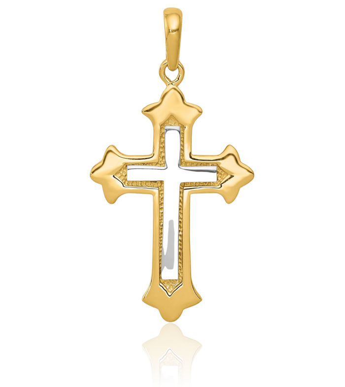 14K Solid Two Tone Gold French Fleur De Lis Lily Flower Holy Cross Necklace Religious Chain Pendant Jesus Christ Charm