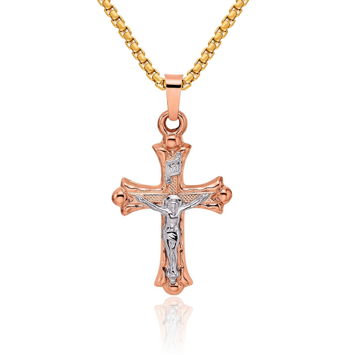 14K Solid Two Tone Rose White Gold French Fleur De Lis Lily Flower Inri Lord Jesus Christ Crucifix Holy Cross Necklace Religious Chain Pendant Charm