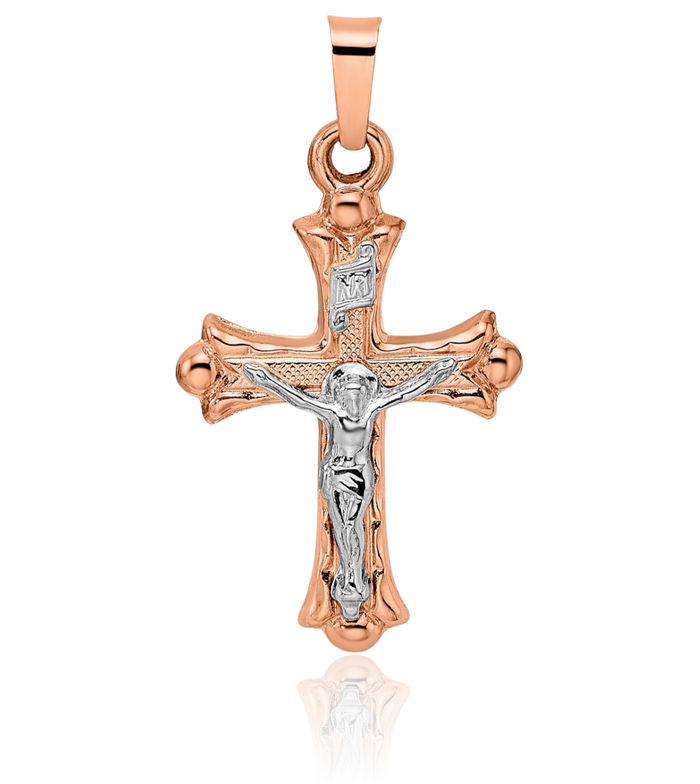 14K Solid Two Tone Rose White Gold French Fleur De Lis Lily Flower Inri Lord Jesus Christ Crucifix Holy Cross Necklace Religious Chain Pendant Charm