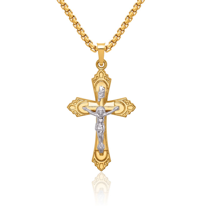14K Solid Two Tone Gold French Fleur De Lis Lily Flower Lord Jesus Christ Crucifix Holy Cross Necklace Religious Chain Pendant Charm