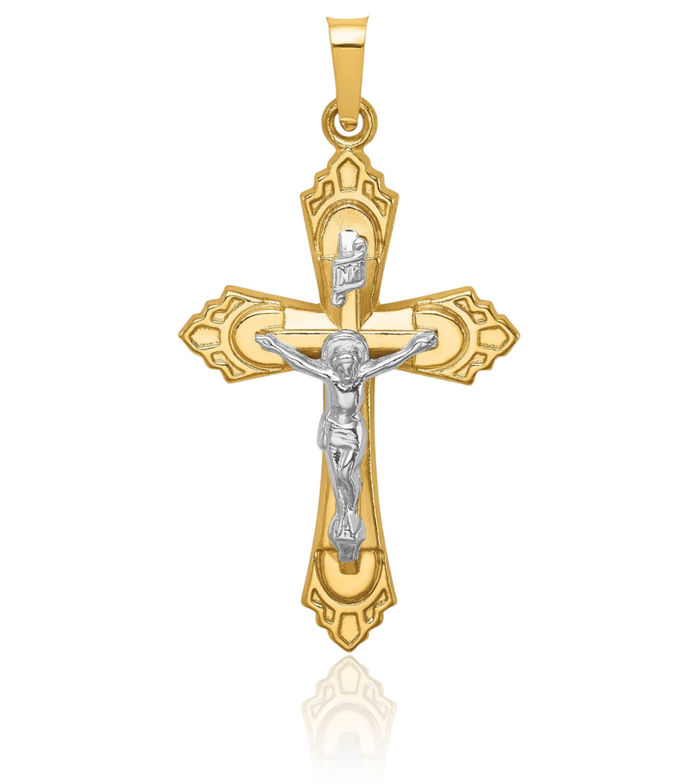 14K Solid Two Tone Gold French Fleur De Lis Lily Flower Lord Jesus Christ Crucifix Holy Cross Necklace Religious Chain Pendant Charm