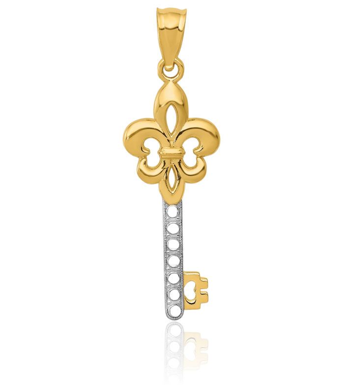 14K Solid Two Tone Yellow White Gold Fleur De Lis Flower Key Necklace Chain Pendant Charm