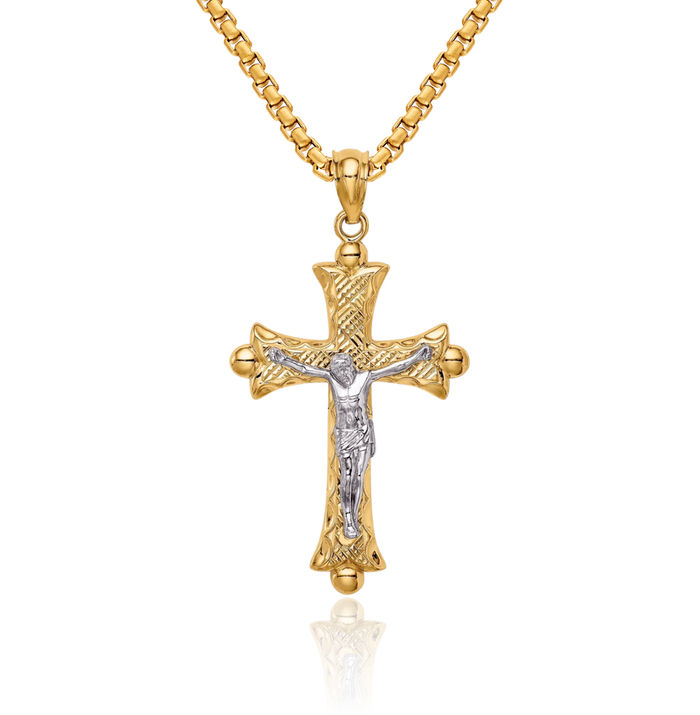 14K Solid Two Tone Gold Florentine Lord Jesus Christ Crucifix Holy Cross Necklace Religious Chain Pendant Charm