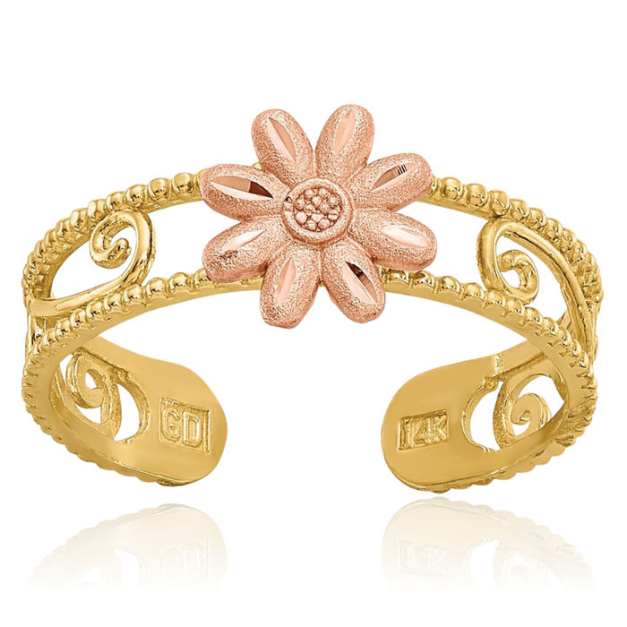 14K Solid Two Tone Gold Flower Adjustable Toe Ring Open Midi Band Summer Beach Jewelry