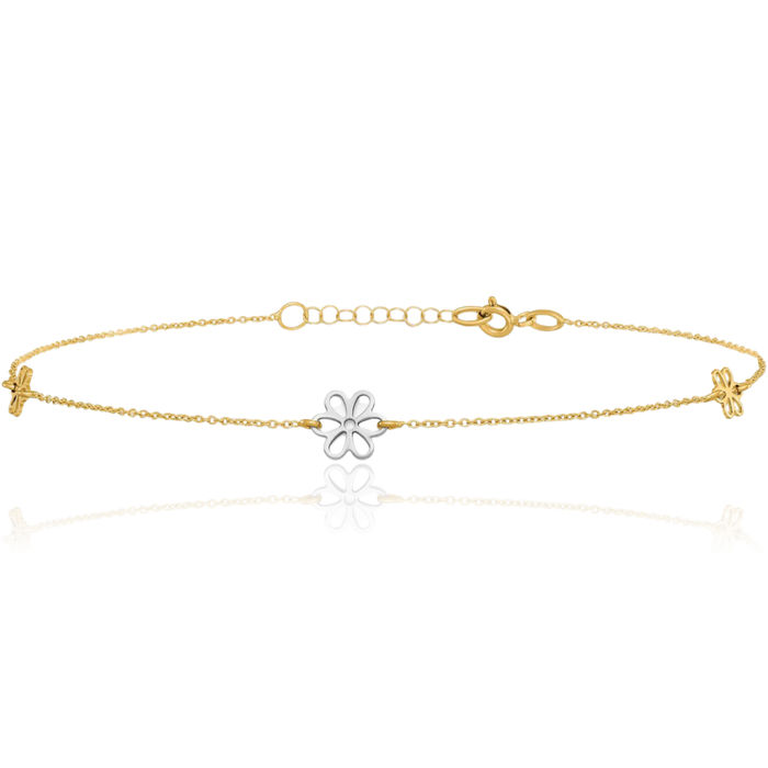 14K Solid Two Tone Gold Flower Anklet Summer Beach Foot Ankle Bracelet