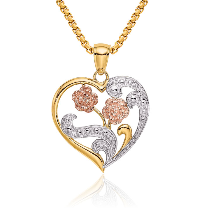 14K Solid Two Tone Gold White Rose Flower Heart Necklace Love Pendant Charm