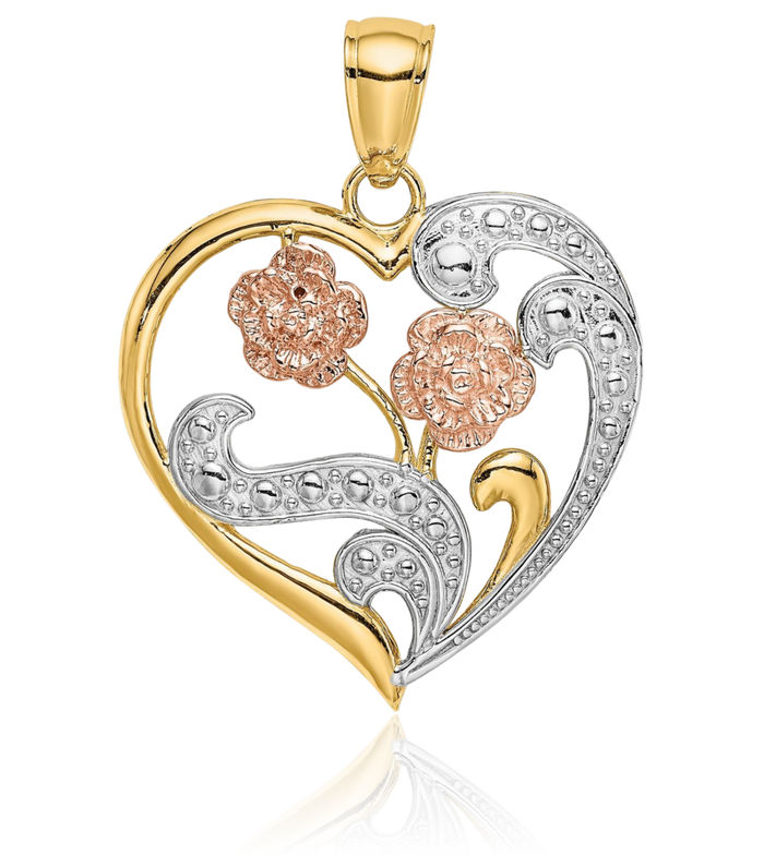 14K Solid Two Tone Gold White Rose Flower Heart Necklace Love Pendant Charm