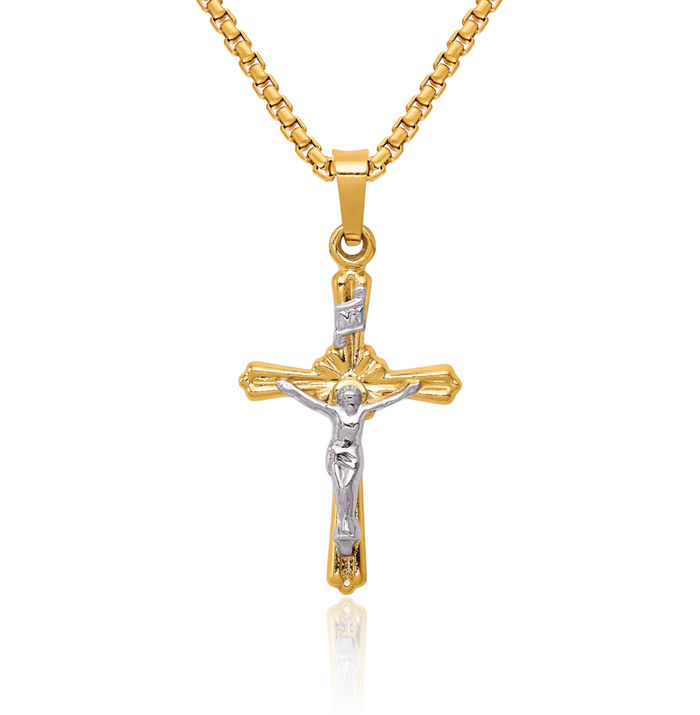 14K Solid Two Tone Gold Flower Inri Lord Jesus Christ Crucifix Holy Cross Necklace Heart Irish Claddagh Celtic Religious Chain Pendant Charm Jewelry