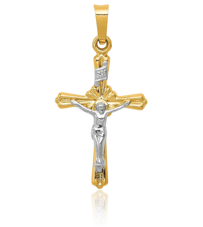 14K Solid Two Tone Gold Flower Inri Lord Jesus Christ Crucifix Holy Cross Necklace Heart Irish Claddagh Celtic Religious Chain Pendant Charm Jewelry