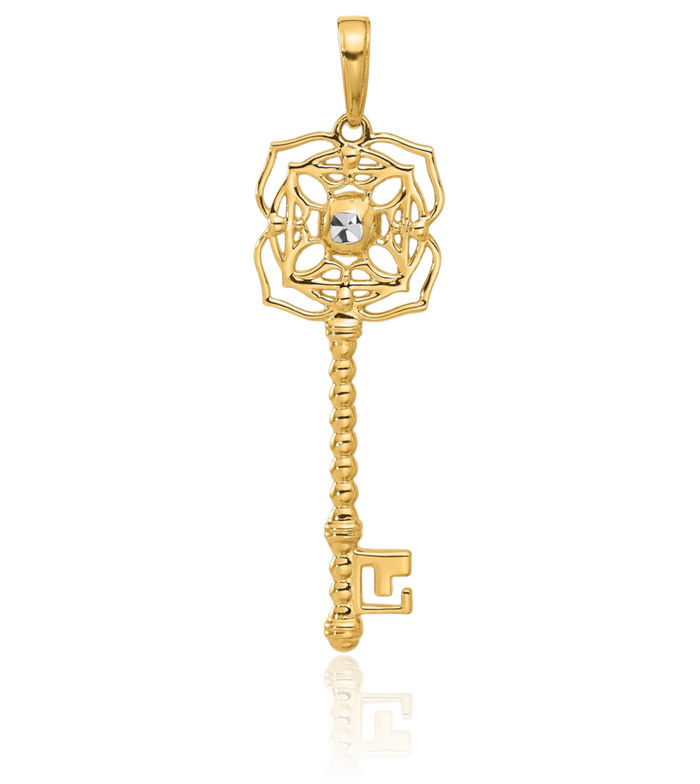 14K Solid Two Tone Yellow White Gold Flower Key Necklace Chain Pendant Charm