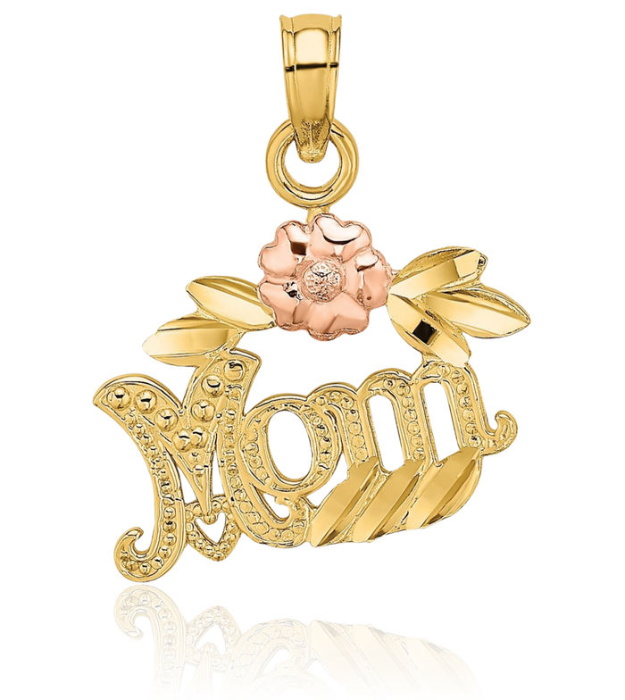 14K Solid Two Tone Gold Flower Mom Necklace Mama Charm Mother Pendant