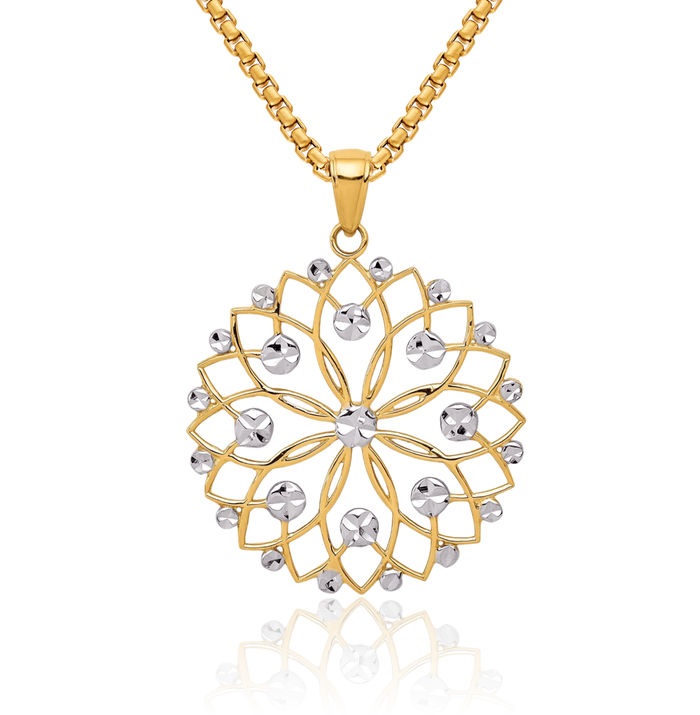 14K Solid Two Tone Yellow White Gold Flower Necklace Chain Pendant Charm
