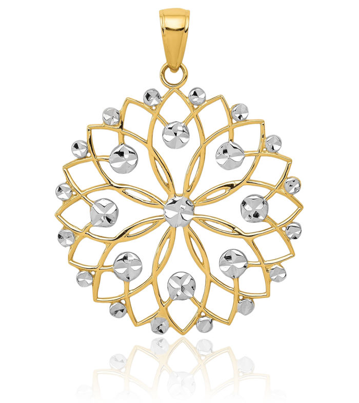 14K Solid Two Tone Yellow White Gold Flower Necklace Chain Pendant Charm
