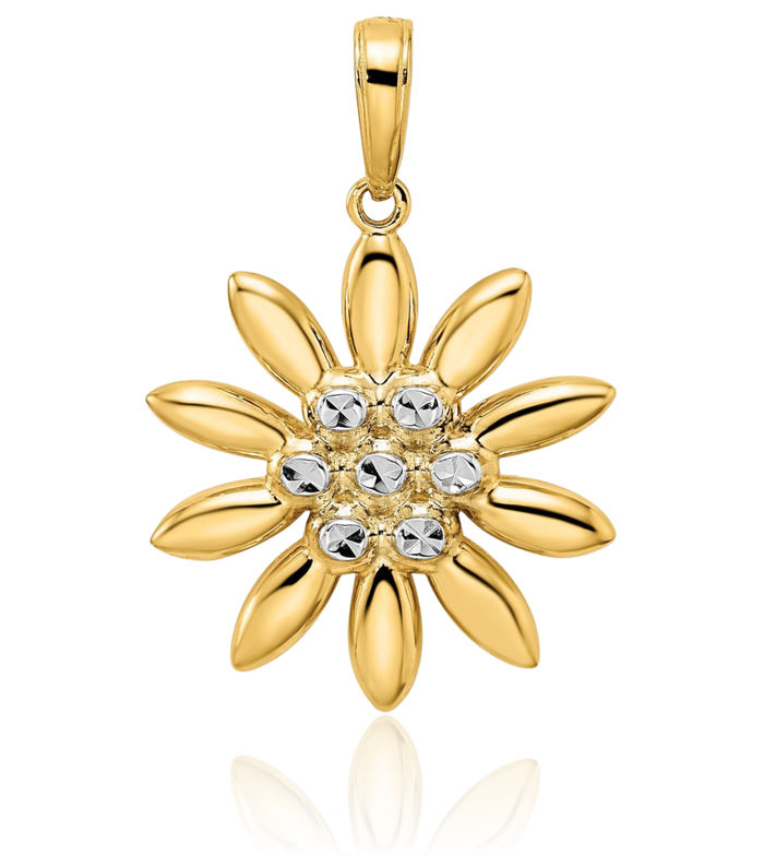 14K Solid Two Tone Yellow White Gold Flower Necklace Chain Pendant Charm