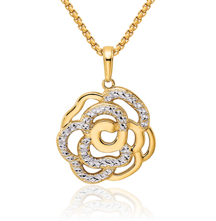 14K Solid Two Tone Yellow White Gold Flower Necklace Chain Pendant Charm