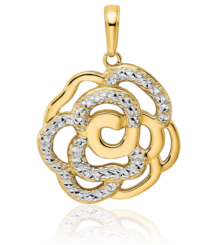 14K Solid Two Tone Yellow White Gold Flower Necklace Chain Pendant Charm