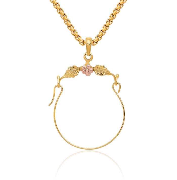 14K Solid Two Tone Gold Flower Necklace Chain Pendant Charm Holder