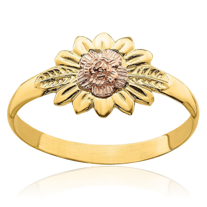 14K Solid Two Tone Gold Flower Ring