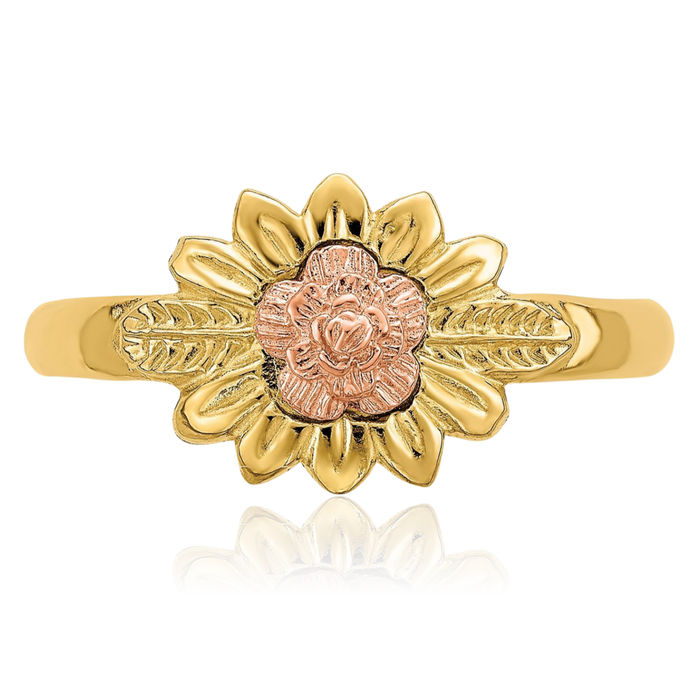 14K Solid Two Tone Gold Flower Ring