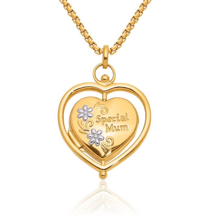 14K Solid Two Tone Yellow White Gold Flower Special Mum Reversible Heart Personalized Photo Locket Necklace Picture Pendant Charm