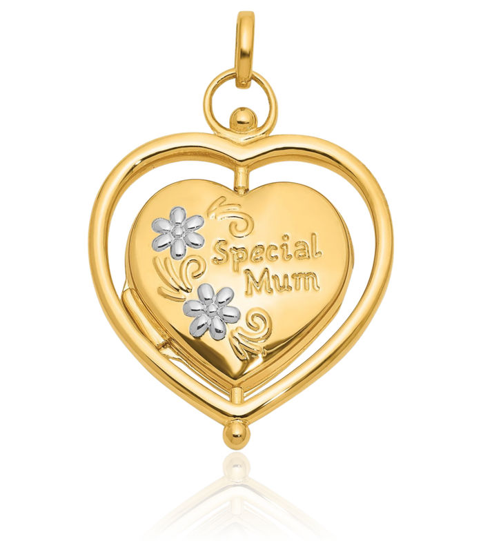 14K Solid Two Tone Yellow White Gold Flower Special Mum Reversible Heart Personalized Photo Locket Necklace Picture Pendant Charm