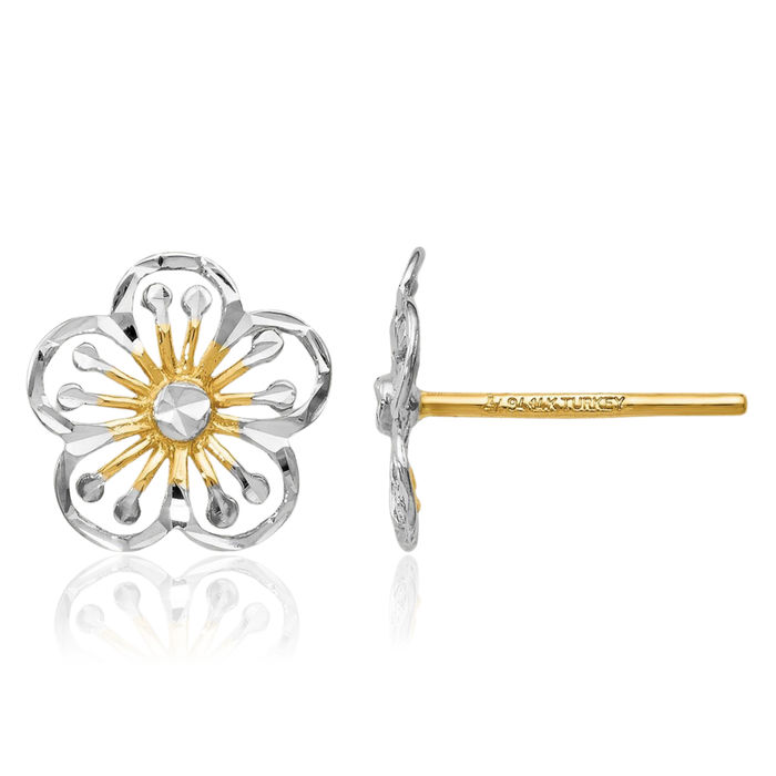 14K Solid Two Tone Yellow White Gold Flower Stud Earrings
