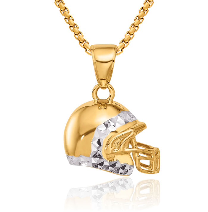 14K Solid Two Tone Yellow White Gold Football Helmet Necklace Charm Sports Pendant