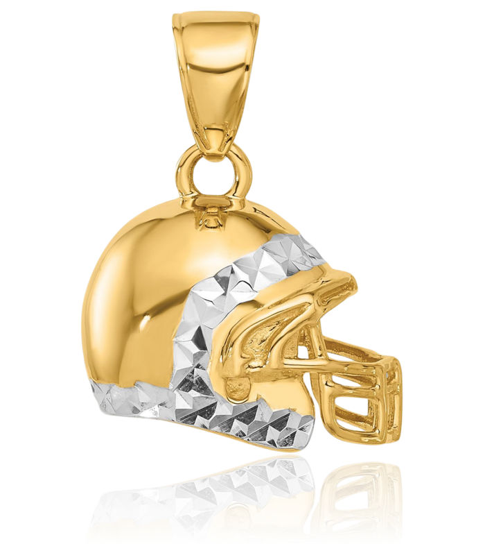 14K Solid Two Tone Yellow White Gold Football Helmet Necklace Charm Sports Pendant