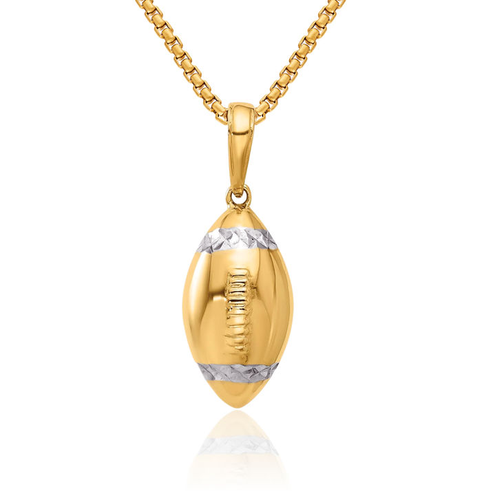 14K Solid Two Tone Yellow White Gold Football Necklace Charm Sports Pendant