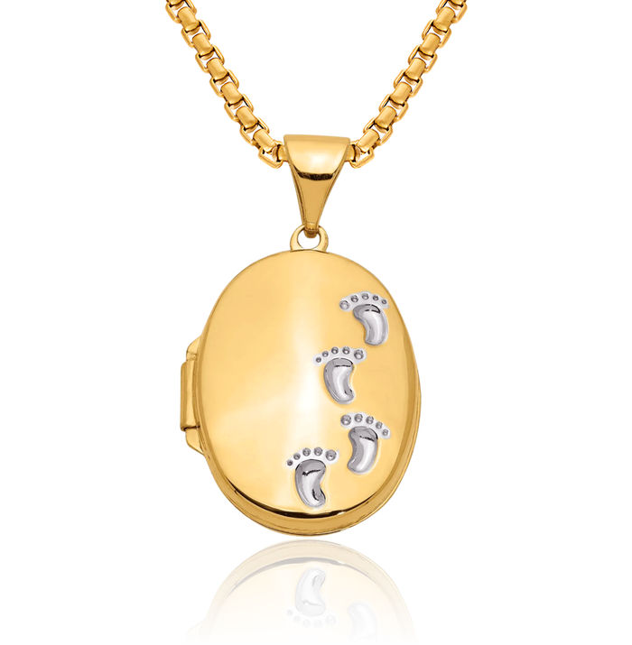 14K Solid Two Tone Yellow White Gold Footprints Personalized Photo Locket Necklace Picture Pendant Charm