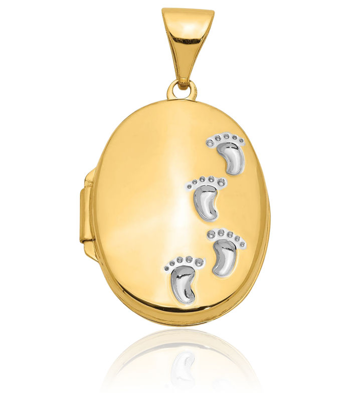 14K Solid Two Tone Yellow White Gold Footprints Personalized Photo Locket Necklace Picture Pendant Charm