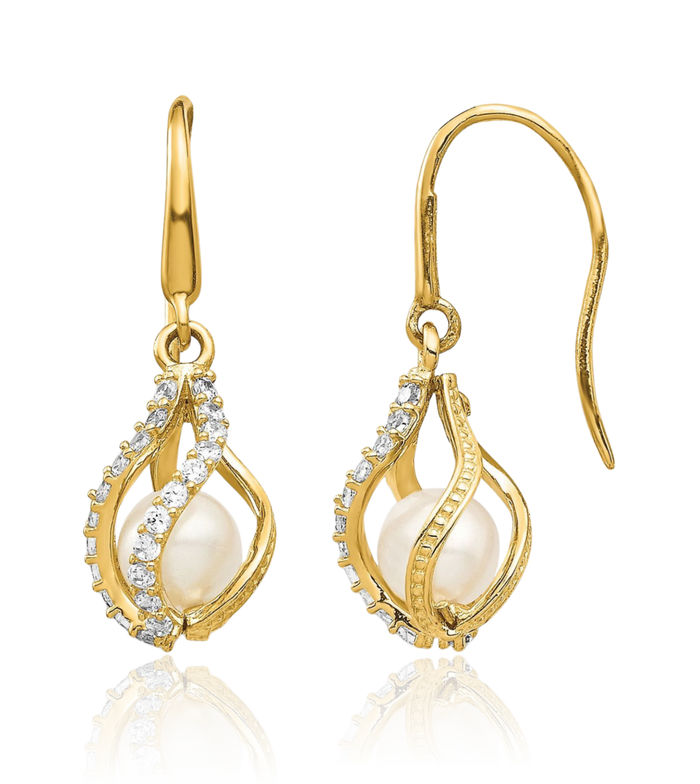 14K Solid Two Tone Yellow White Gold Freshwater Cultured Pearl Cubic Zirconia CZ Cage Drop Dangle Earrings