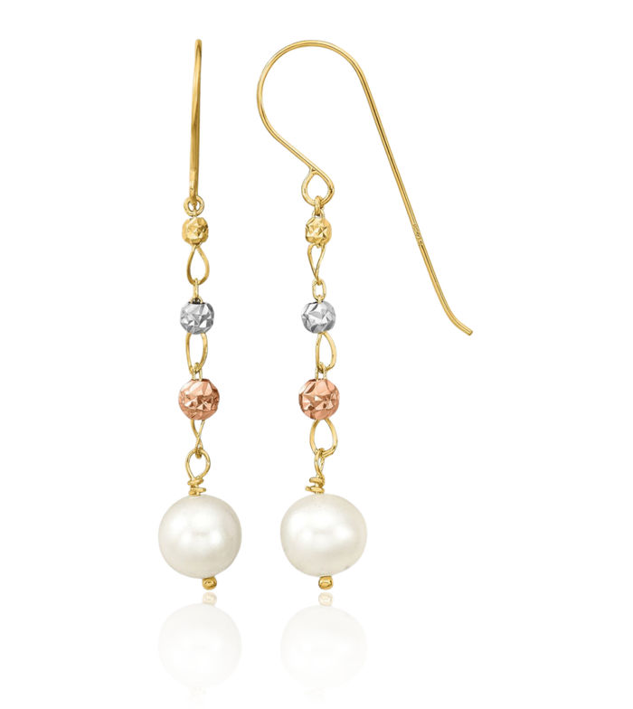 14K Solid Two Tone Gold Freshwater Cultured Pearls Drop Dangle Earrings