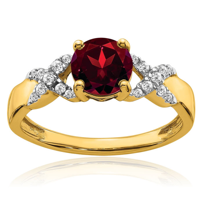 14K Solid Two Tone Gold Red Garnet Diamond Ring Gemstone Band January Birthstone Jewelry