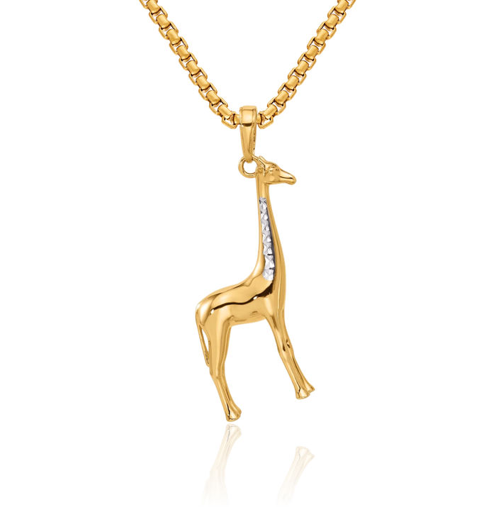 14K Solid Two Tone Yellow White Gold Giraffe Necklace Chain Pendant Charm