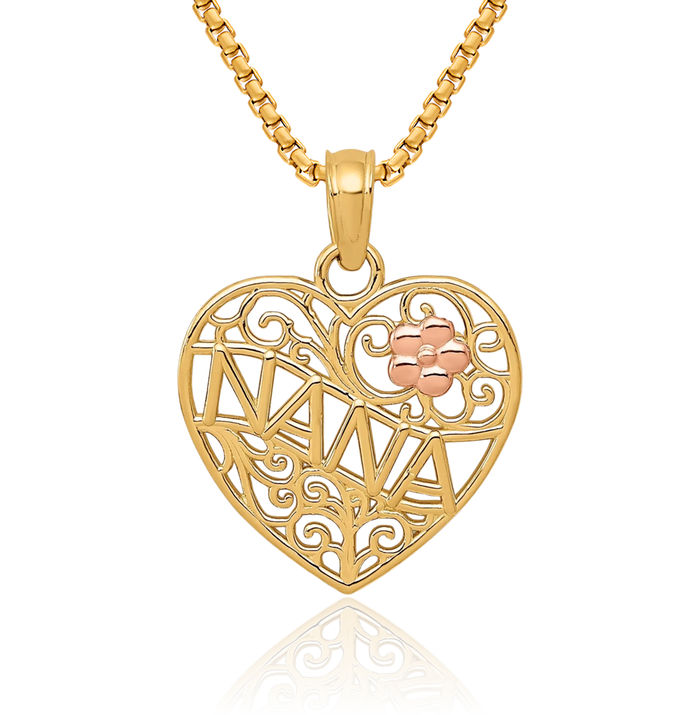 14K Solid Two Tone Gold Grandma Flower Heart Necklace Nana Charm Grandmother Pendant