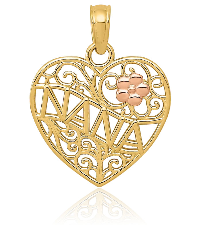 14K Solid Two Tone Gold Grandma Flower Heart Necklace Nana Charm Grandmother Pendant