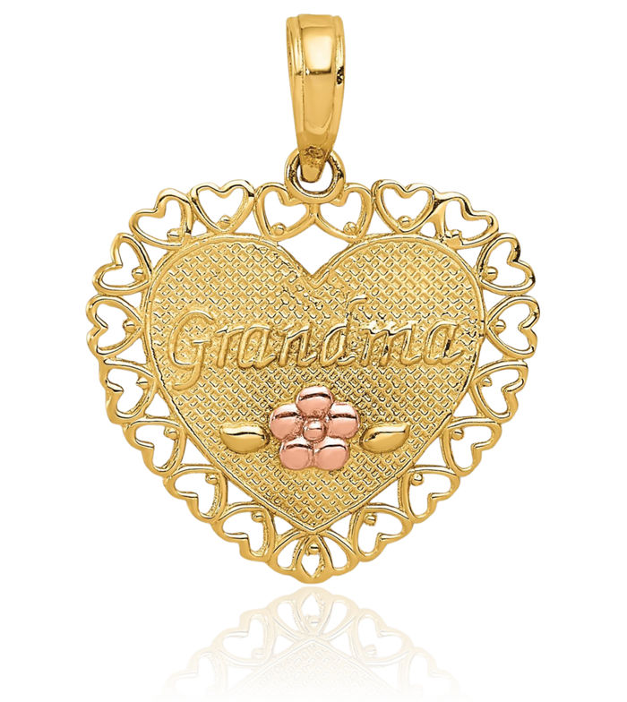 14K Solid Two Tone Gold Grandma Heart Flower Necklace Nana Charm Grandmother Pendant