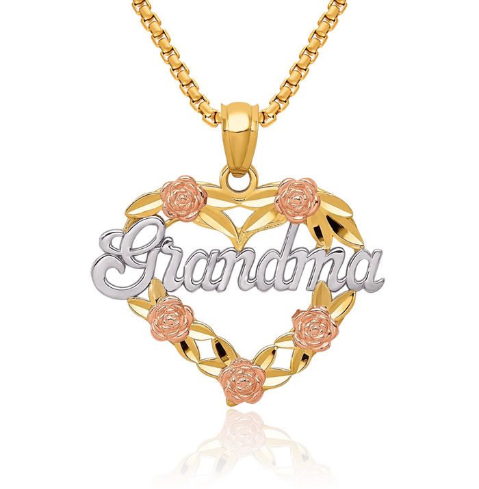 14K Solid Two Tone Gold White Grandma Heart Necklace Nana Charm Grandmother Pendant