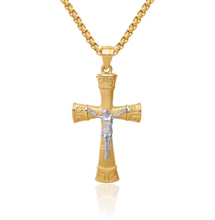 14K Solid Two Tone Gold Greek Key Lord Jesus Christ Crucifix Holy Cross Necklace Religious Chain Pendant Charm